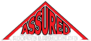 A red and white logo for assured roofing & remodeling.